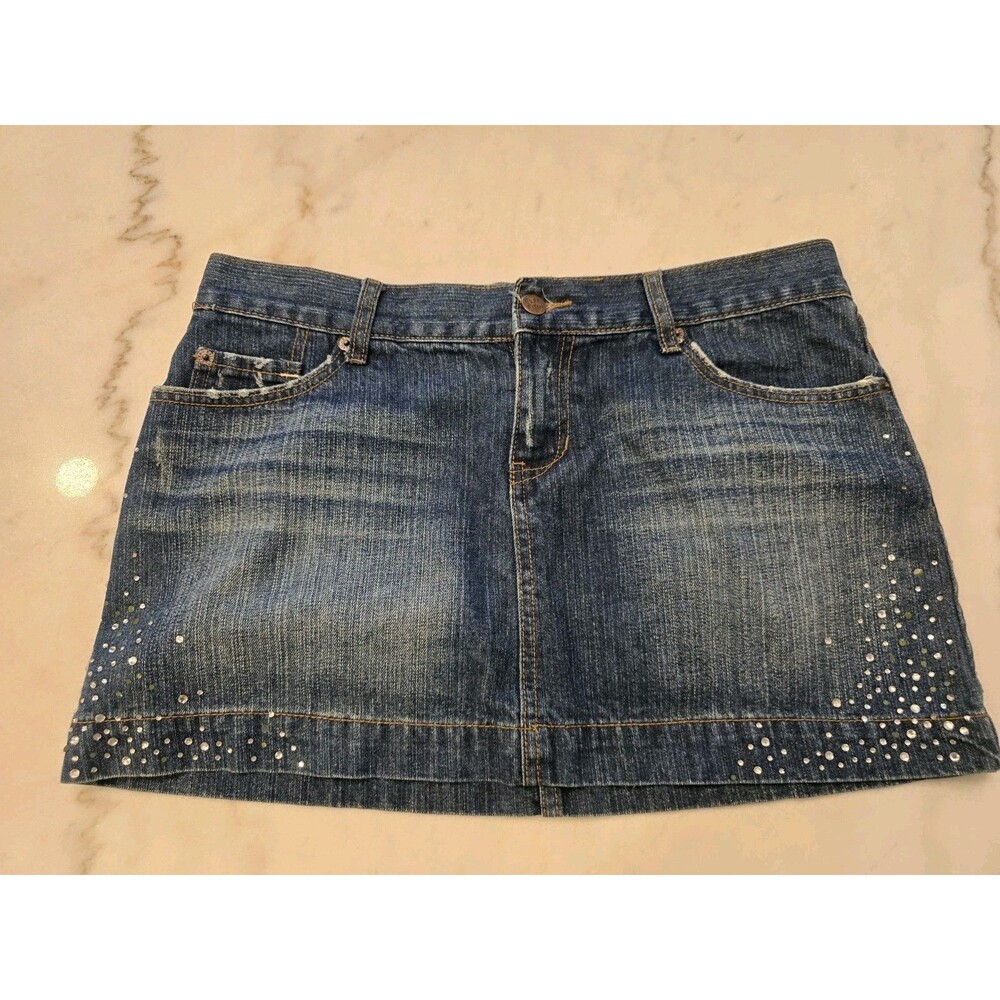 Y2K Ezra Fitch Denim Bedazzled Mini skirt Rhinestones Size 29 Preppy